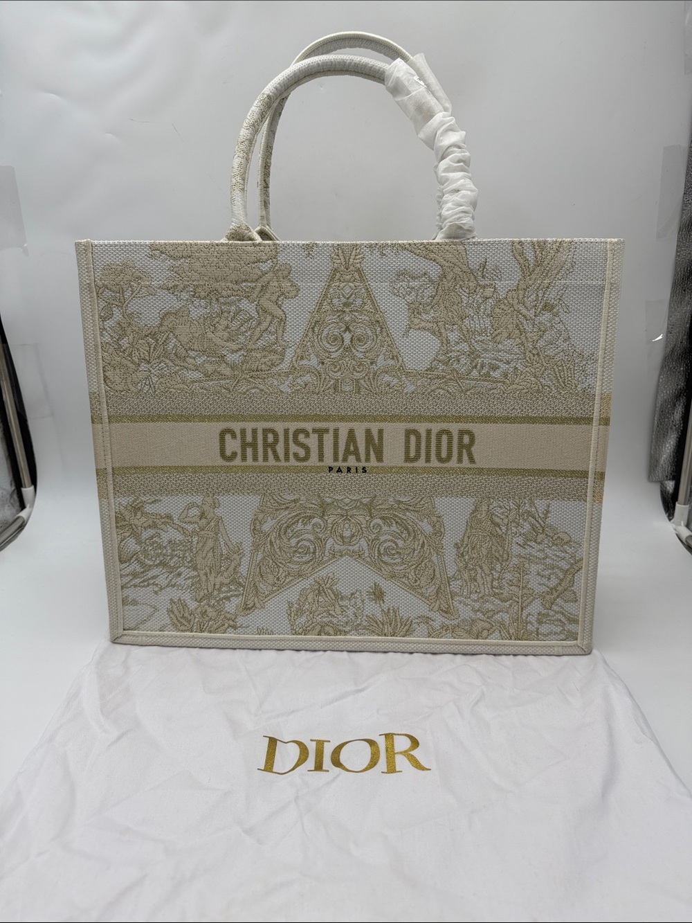 Embroidered Beige & White Large Book Tote